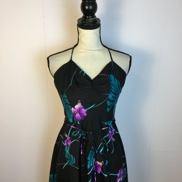 Vintage Fumi's Originals Hawaiian Dress S/XS Womans Black Floral Halter Belted - Picture 9 of 13